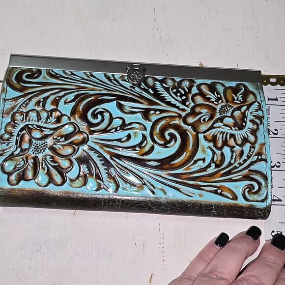 Patricia Nash NWT CAUCHY Wallet Italian Leather Tooled Turquoise Brown NEW - Picture 12 of 12